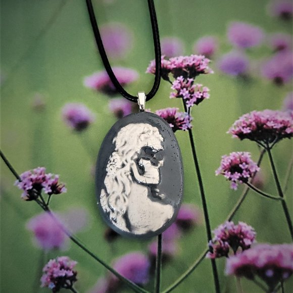 Handmade Ceramic Grey Skull Cameo Pendant Necklace - Picture 14 of 15